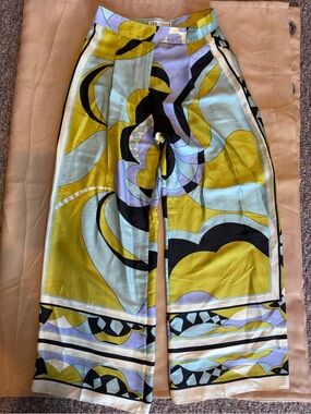 Zara Abstract Print Wide-Leg Trousers in Chartreuse, Sky Blue & Black